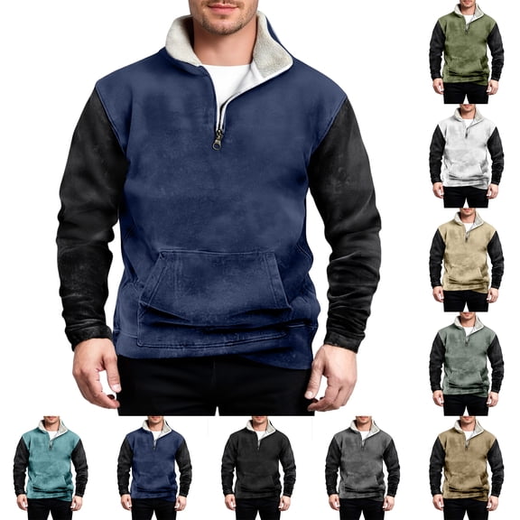 yuCgh Men's Stand Collar Sweatshirt with Pocket and Faux Fur Lining, Outdoor Casual Long Sleeve Top, Popular Warm Pullover for Fall and Winter,Black M