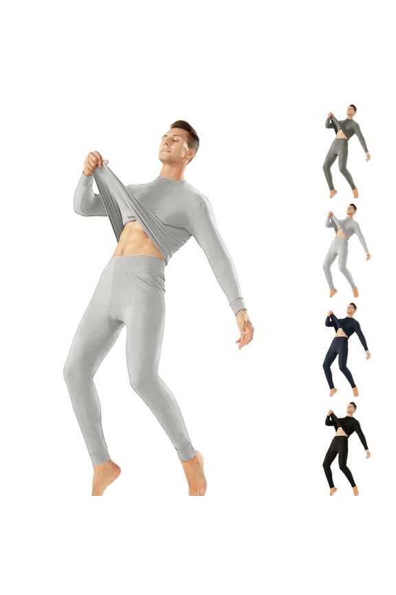 Men's Thermal Underwear Thin Base Cotton Sweater and Pants Set, Lightweight Layer for Cold Weather, Soft and Comfortable for Indoor and Outdoor Use,Light Gray L