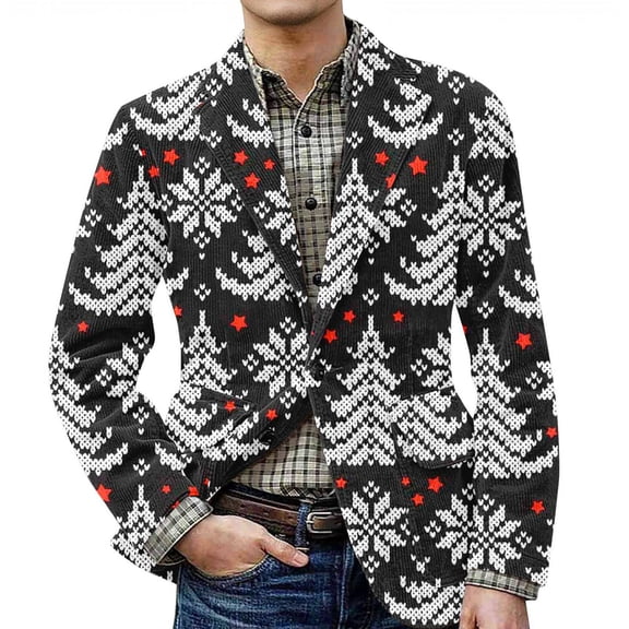 yuCgh Men's Ugly Christmas Print Corduroy Suit Jacket with Warm Pockets, Cardigan for Leisure Wear, Holiday Spirit in Style,Black XL
