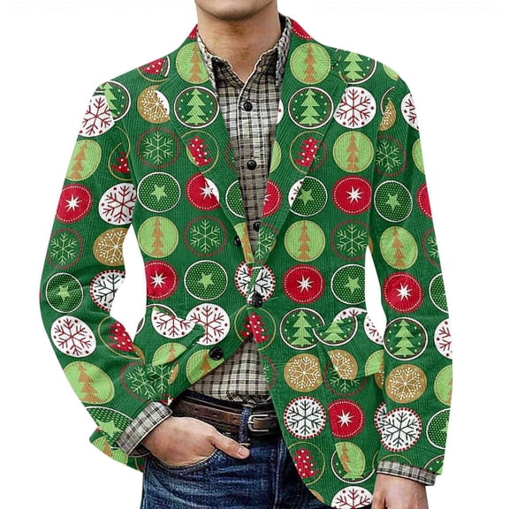 yuCgh Men's Ugly Christmas Print Corduroy Suit Jacket with Warm Pockets, Cardigan for Leisure Wear, Holiday Spirit in Style,Dark Green 3XL
