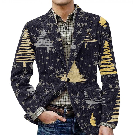 yuCgh Men's Ugly Christmas Print Corduroy Suit Jacket with Warm Pockets, Cardigan for Leisure Wear, Holiday Spirit in Style,Navy 2XL