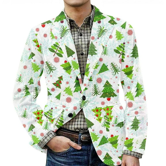 yuCgh Men's Ugly Christmas Print Corduroy Suit Jacket with Warm Pockets, Cardigan for Leisure Wear, Holiday Spirit in Style,White M