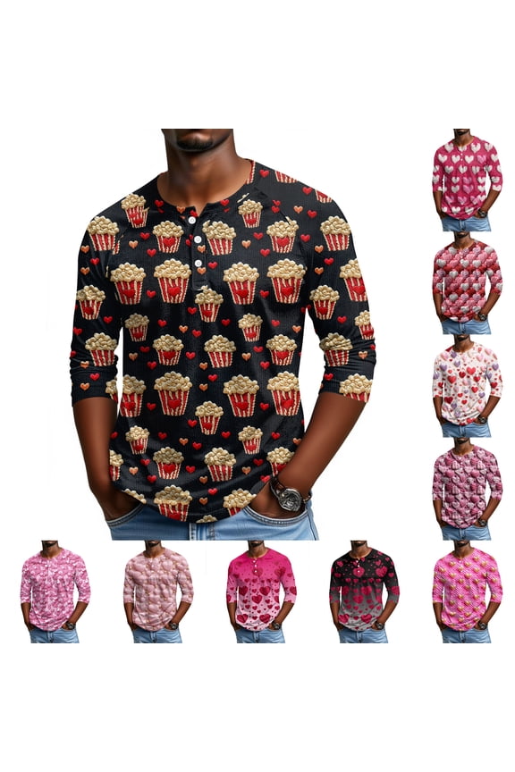 Men's Valentine's Day Heart Print Raglan Sleeve Henley Top, 3/4 Sleeve Casual Shirt for Men, Love Theme Lightweight Comfort Relaxed Fit,Black 3XL