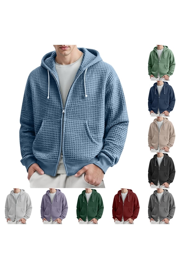 Men's Waffle Knit Hoodie Coat, Double Zipper Front Closure, Casual Pullover Jacket with Hood for Fall Winter Layering & Street Style,Army Green,L