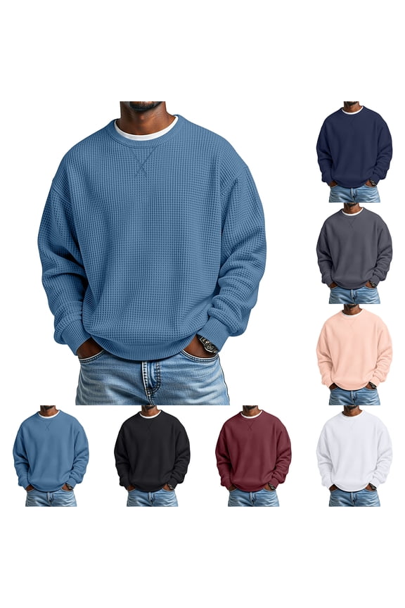 Men's Waffle Knit Long Sleeve T-Shirt, Athletic Base Layer Top with Chest Stripe, Sporty Casual Round Neck Shirt for Training, Workout and Layering,Khaki M