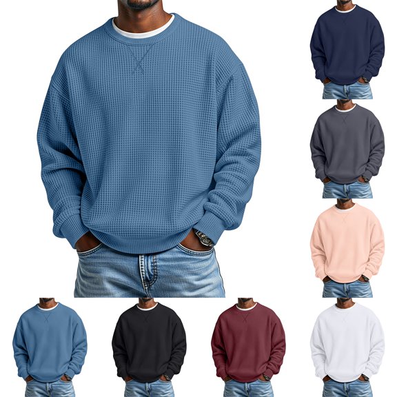 yuCgh Men's Waffle Knit Long Sleeve T-Shirt, Athletic Base Layer Top with Chest Stripe, Sporty Casual Round Neck Shirt for Training, Workout and Layering,White L