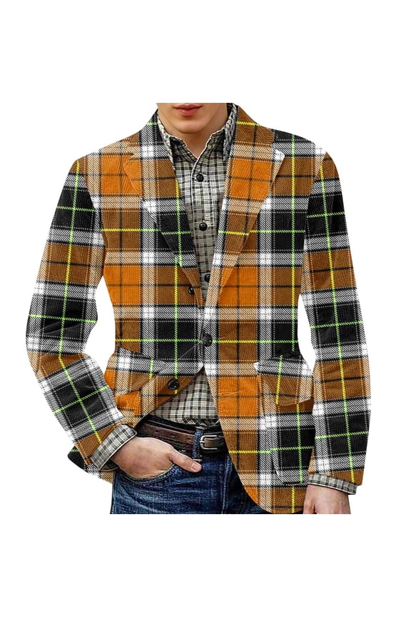 Men's Warm Corduroy Suit Jacket with Printed Patterns and Pockets, Casual Cardigan for Men's Fashion, Ideal for Smart Casual Events,Orange L