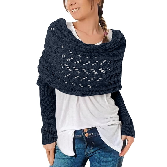 yuCgh Multifunctional Scarf with Sleeves for Women, Knitted Scarf Sweater Wrap, Boho Pashmina Scarf Cape,Navy