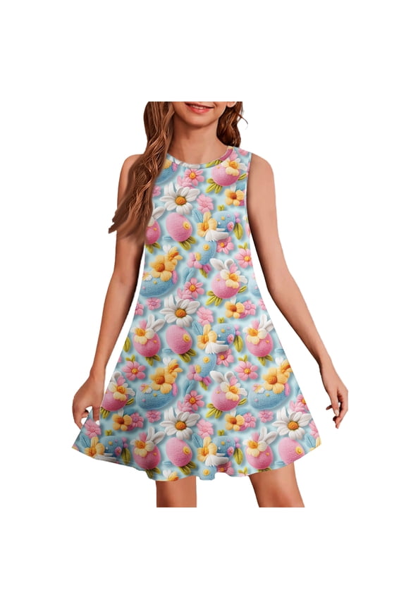 Sleeveless Easter Dress for Girls, Summer Casual Tank Dress with Colorful Print, Lightweight & Breathable Kids Easter Dress,Pink 110