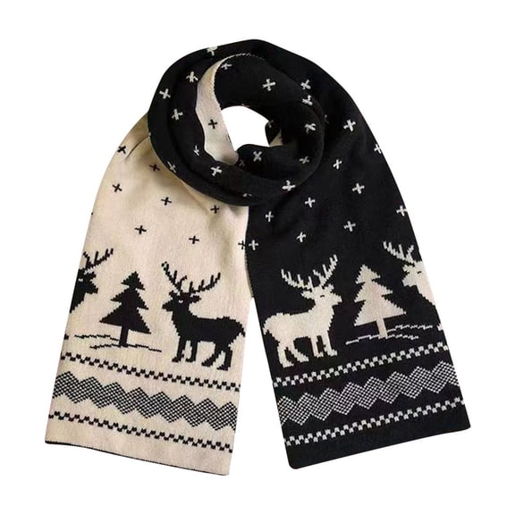 yuCgh Winter Elk Pattern Scarf, Women's Versatile Warm Cute Gift Scarf, Animal Print Scarf, Soft Winter Scarf for Women,Black