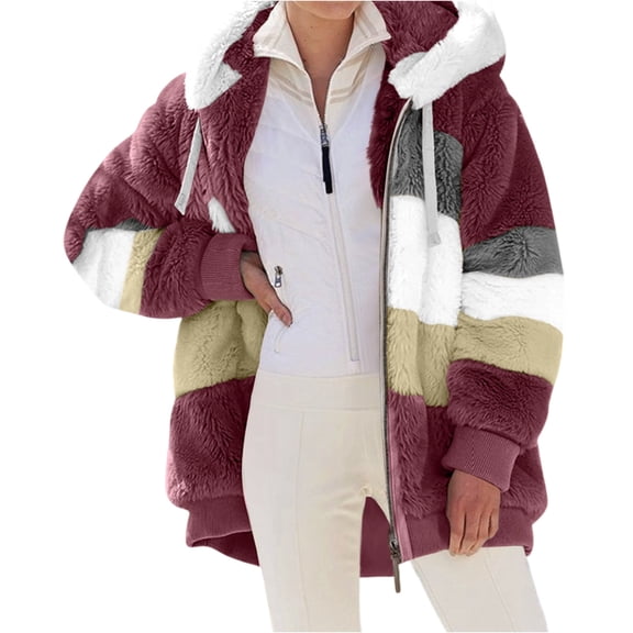 yuCgh Women's Autumn Winter Fashion Plush Patchwork Jacket with Zipper Pocket Hooded Long Sleeve Loose Fit Warm and Cozy Outerwear for Casual Style,Hot Pink 3XL