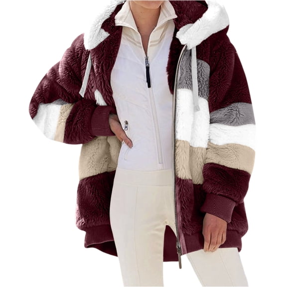 yuCgh Women's Autumn Winter Fashion Plush Patchwork Jacket with Zipper Pocket Hooded Long Sleeve Loose Fit Warm and Cozy Outerwear for Casual Style,Wine 3XL