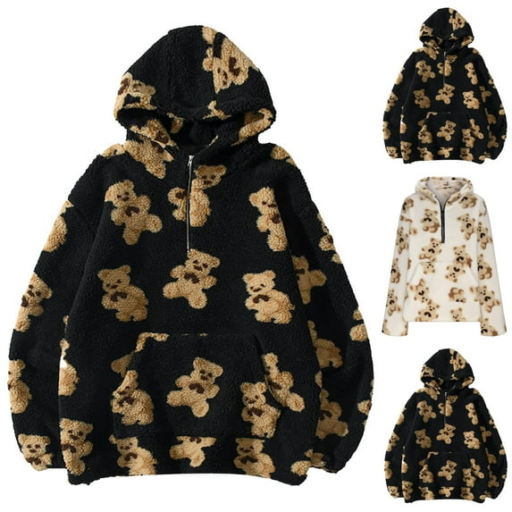 yuCgh Women's Bear Print Half Zip Fleece Pullover Hoodie, Double Layer Warmth, Loose Fit with Pockets, Casual Long Sleeve Sweater for Fall Winter,Black M
