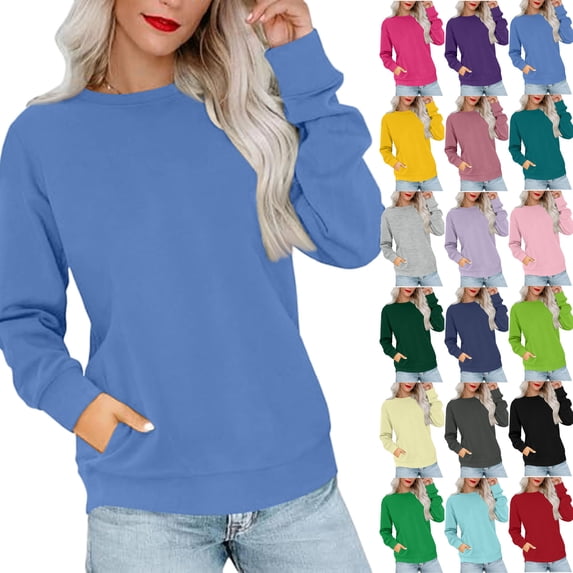 yuCgh Women's Casual Round Neck Long Sleeve Sweatshirt, Lightweight Pullover with Side Pockets, Warm Comfort Fit, Everyday Fashion Top,Light Purple M