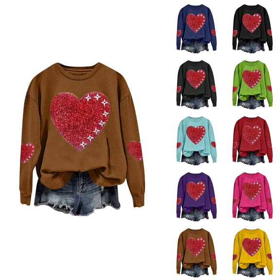 yuCgh Women's Casual Round Neck Long Sleeve Sweatshirt, Valentine's Day Heart Print, Comfortable Loose Fit, Soft Fabric, Fashion Top,Dark Purple S