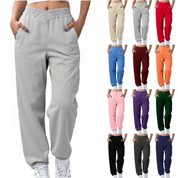 yuCgh Women's Casual Solid Color Cross Elastic Waist Joggers with Pockets, Fleece Lined Loose Fit Sweatpants,Perfect for Athletic Activities and Everyday Outdoor Use,Purple M