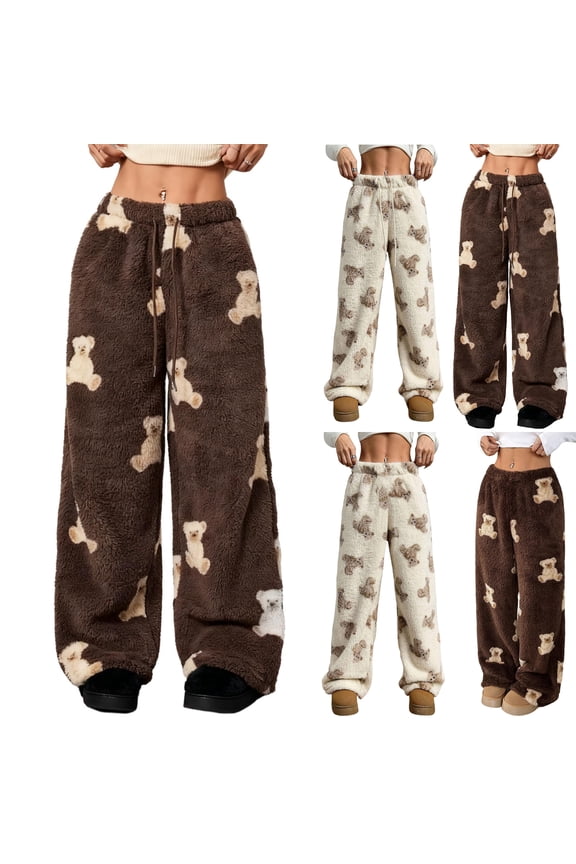 Women's Cute Bear Plush Pajama Pants Wide Leg Plush Casual Pants, Soft Fleece Material with Elastic Waist, Perfect for Sleepwear and Cozy Home Wear,Beige M