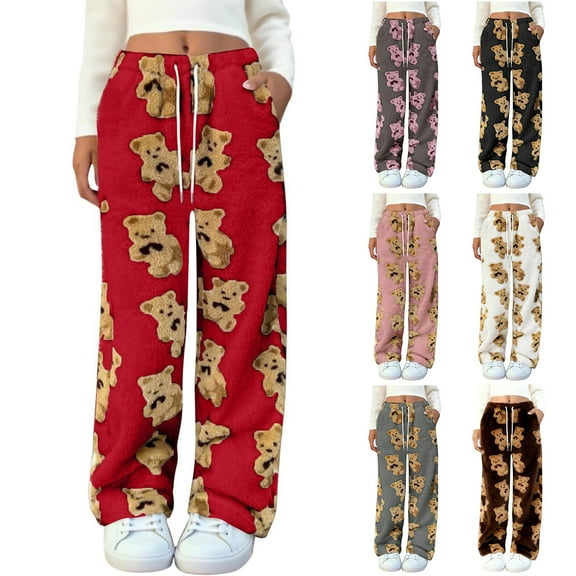 yuCgh Women's Cute Bear Plush Pajamas Drawstring Elastic Belt Pocket Wide Leg Plush Casual Pants, Soft Fleece for Sleep and Home Wear, Adorable Design for Gifts,Coffee 2XL