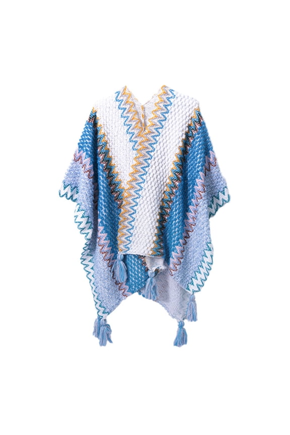 Women's Ethnic Retro Sassel Head Cape, Thick Color Striped Shawl Scarf, Winter Warm Cape Scarf, Bohemian Fashion Scarf, Oversized Knitted Scarf,Dark Blue