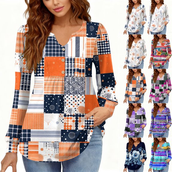 yuCgh Women's Fall Casual V-Neck Long Sleeve Sweatshirt, Retro Santa Print Pullover, Loose Fit Comfort Top for Holiday Season,Orange L