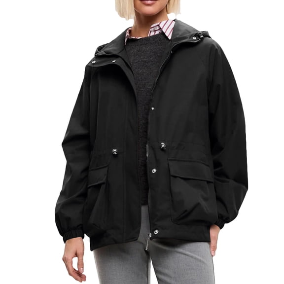 yuCgh Women's Fashion Long-Sleeved Hooded Drawstring Waterproof Outdoor Hiking Jacket with Durable Design for Adventure and Casual Use,Black M