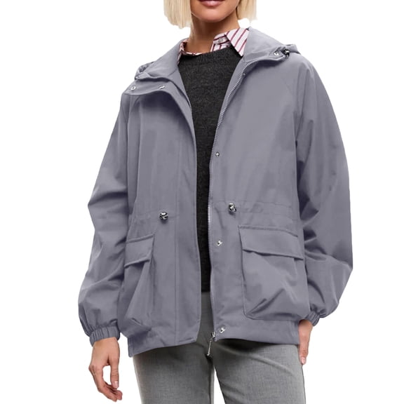 yuCgh Women's Fashion Long-Sleeved Hooded Drawstring Waterproof Outdoor Hiking Jacket with Durable Design for Adventure and Casual Use,Gray XL