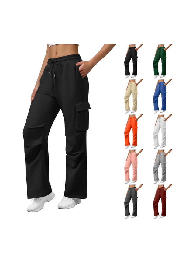 Women's Fashion Side-Pocket Versatile Solid-Color Straight-Leg Wide-Leg Sweatpants, Casual Lounge Pants with Zippered Pockets, Comfortable and Stylish,Red 2XL