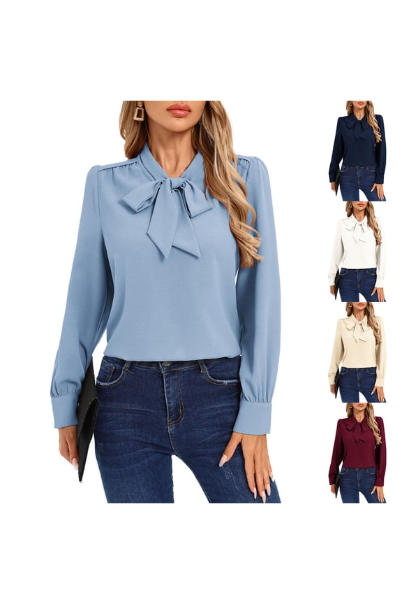Women's Fashion Solid Color Round Neck French Lace Pullover Bow Long Sleeve Shirt, Elegant Blouse for Special Occasions,Dark Blue L
