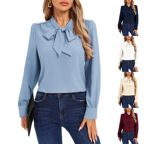 yuCgh Women's Fashion Solid Color Round Neck French Lace Pullover Bow Long Sleeve Shirt, Elegant Blouse for Special Occasions,White M