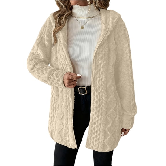 yuCgh Women's Fashionable Solid Color Long Sleeved Loose Hooded Cardigan Plush Jacket with Warm and Cozy Design for Casual Winter Wear,Beige S