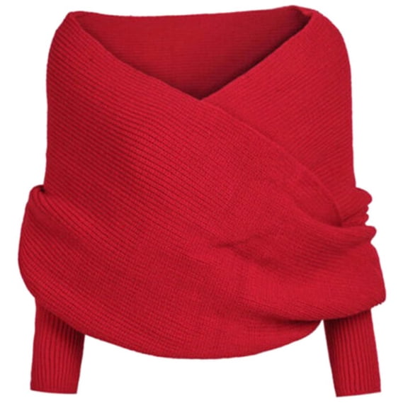yuCgh Women's Knitted Sweater Top Scarf with Sleeve Wrap, Winter Warm Shawl Scarf, Asymmetric Cross Neck Scarf,Red