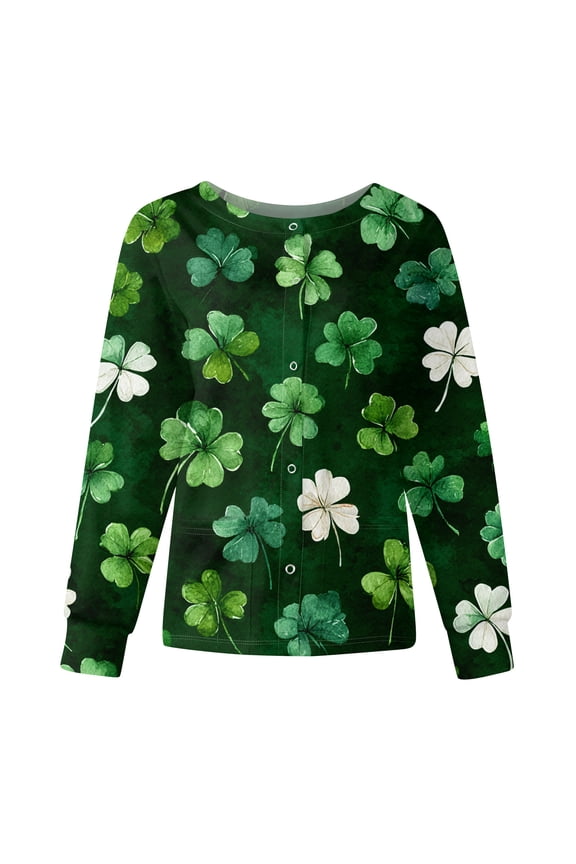 Women's Long Sleeve Nursing Jacket with Stand Collar, Single Breasted St. Patrick's Day Print, Casual Work Uniform Top,Army Green L