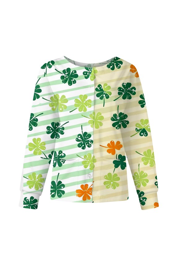 Women's Long Sleeve Nursing Jacket with Stand Collar, Single Breasted St. Patrick's Day Print, Casual Work Uniform Top,Beige M