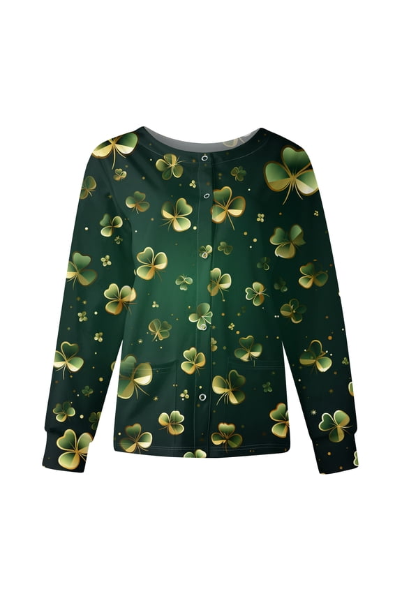 Women's Long Sleeve Nursing Jacket with Stand Collar, Single Breasted St. Patrick's Day Print, Casual Work Uniform Top,Dark Green S
