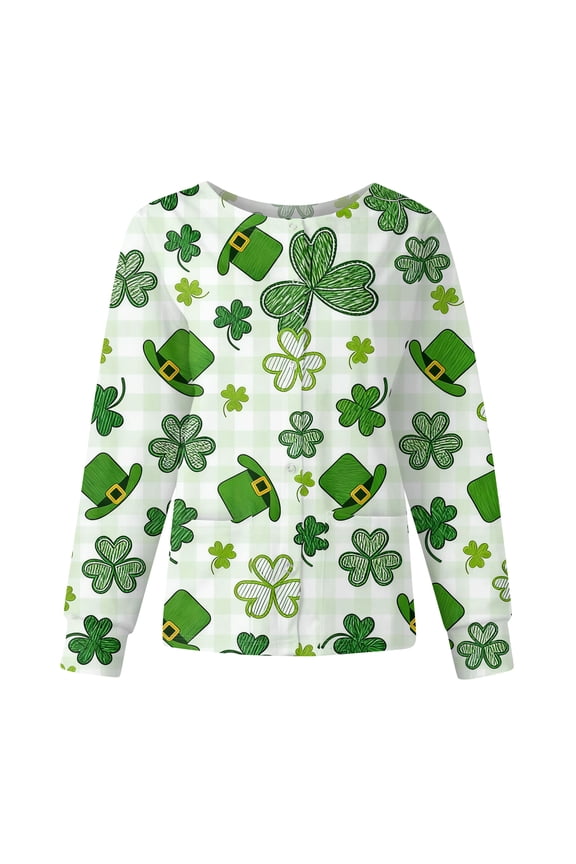 Women's Long Sleeve Nursing Jacket with Stand Collar, Single Breasted St. Patrick's Day Print, Casual Work Uniform Top,Green XL