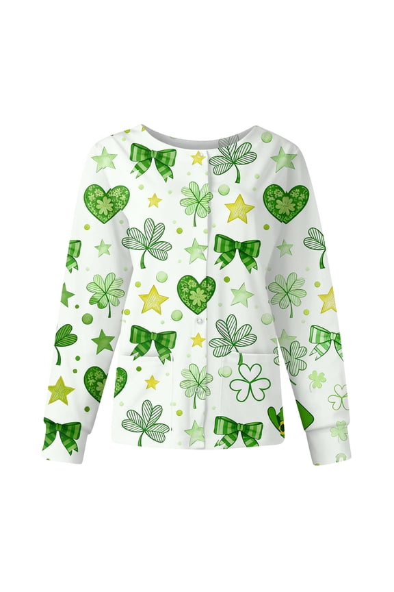 Women's Long Sleeve Nursing Jacket with Stand Collar, Single Breasted St. Patrick's Day Print, Casual Work Uniform Top,White S