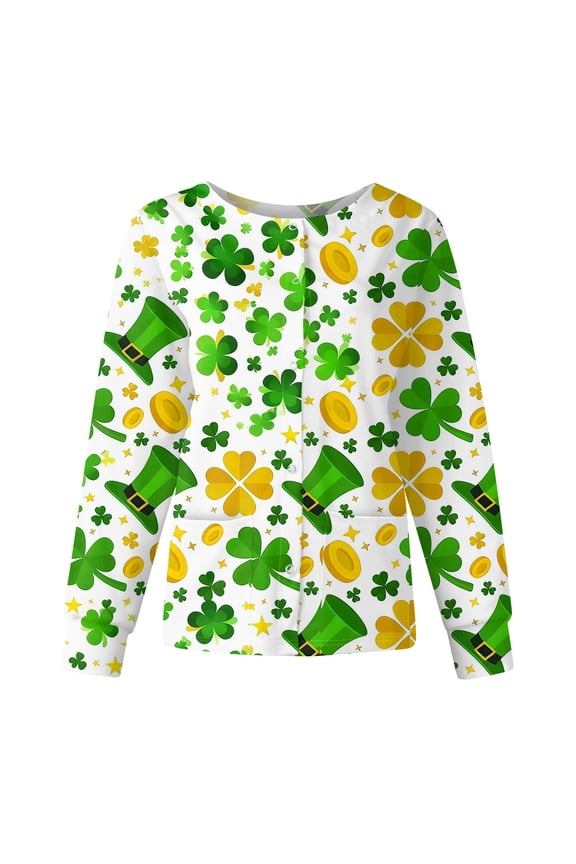 Women's Long Sleeve Nursing Jacket with Stand Collar, Single Breasted St. Patrick's Day Print, Casual Work Uniform Top,Yellow XL