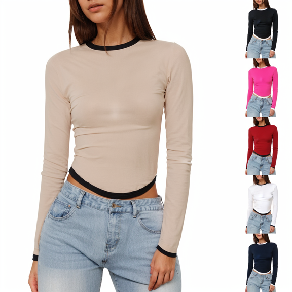 yuCgh Women's Long Sleeve Slim Fit Color Block Crop Top, Round Neck Base Layer, Stretch Comfort Fit Blouse for Layering,Beige XL