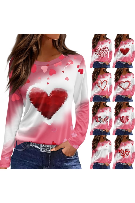 Women's Printed Long Sleeve Round Neck T-Shirt with Slit Hem, Vintage Style Loose Top, Soft Everyday Wear Blouse,Red L