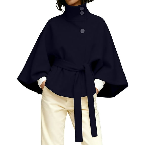 yuCgh Women's Slim Turtleneck Short Wool Coat Solid Color Outerwear with Elegant Fit for Winter Season Comfortable and Fashionable Jacket,Dark Blue XL