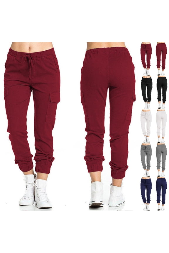 Women's Solid Color Casual Elastic Waist String Side Pocket Pencil Pants, Slim Fit Trousers with Functional Pockets, Office and Casual Wear,Black L