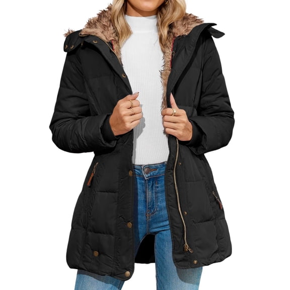 yuCgh Women's Solid Color Hooded Jacket Cotton Jacket with Mid-Length Design for Winter Warm and Comfortable Outerwear for Daily Use,Black 2XL