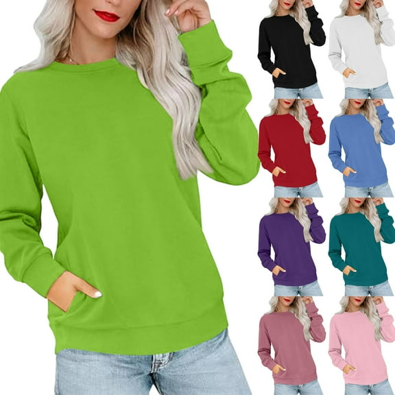 yuCgh Women's Solid Color Round Neck Long Sleeve Sweatshirt, Lightweight Pullover with Side Pockets, Warm Comfort Fit, Casual Fashion Top,Purple M