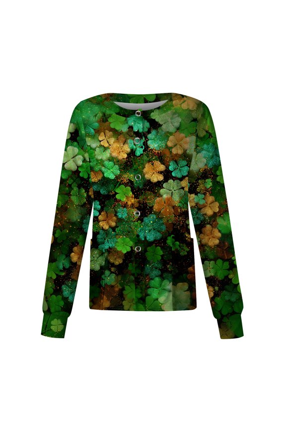 Women's St. Patrick's Day Printed Long Sleeve Single Breasted Top, Casual Work Uniform, Nursing Shirt for Women,Green 3XL