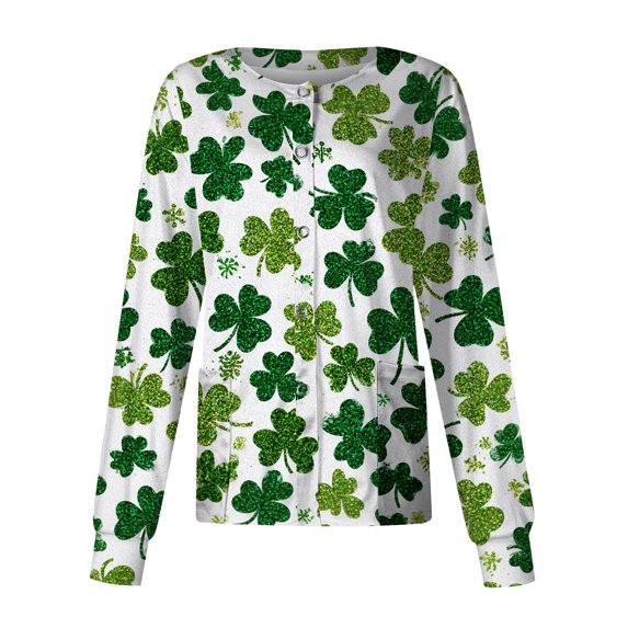 yuCgh Women's St. Patrick's Day Printed Long Sleeve Single Breasted Top, Casual Work Uniform, Nursing Shirt for Women,Light Green 2XL