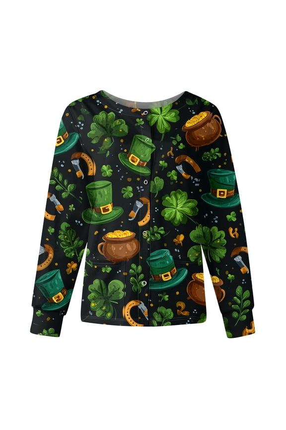 Women's St. Patrick's Day Printed Long Sleeve Stand Collar Work Top, Single Breasted Nursing Jacket, Casual Uniform,Army Green L