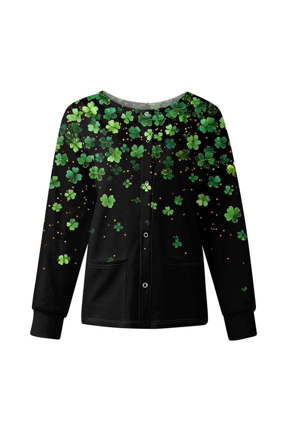 Women's St. Patrick's Day Printed Long Sleeve Stand Collar Work Top, Single Breasted Nursing Jacket, Casual Uniform,Black L