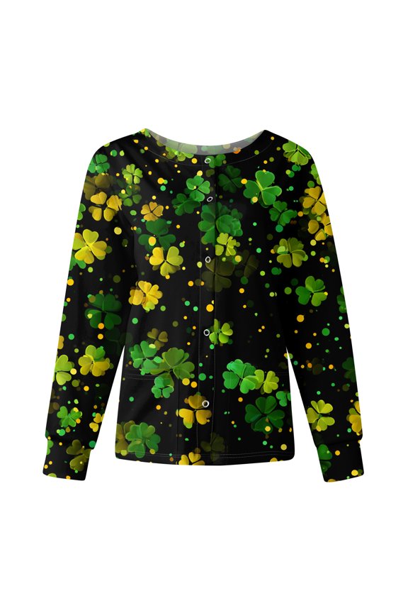 Women's St. Patrick's Day Printed Long Sleeve Stand Collar Work Top, Single Breasted Nursing Jacket, Casual Uniform,Dark Green S