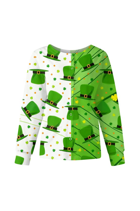 Women's St. Patrick's Day Printed Long Sleeve Stand Collar Work Top, Single Breasted Nursing Jacket, Casual Uniform,Fluorescent Green S