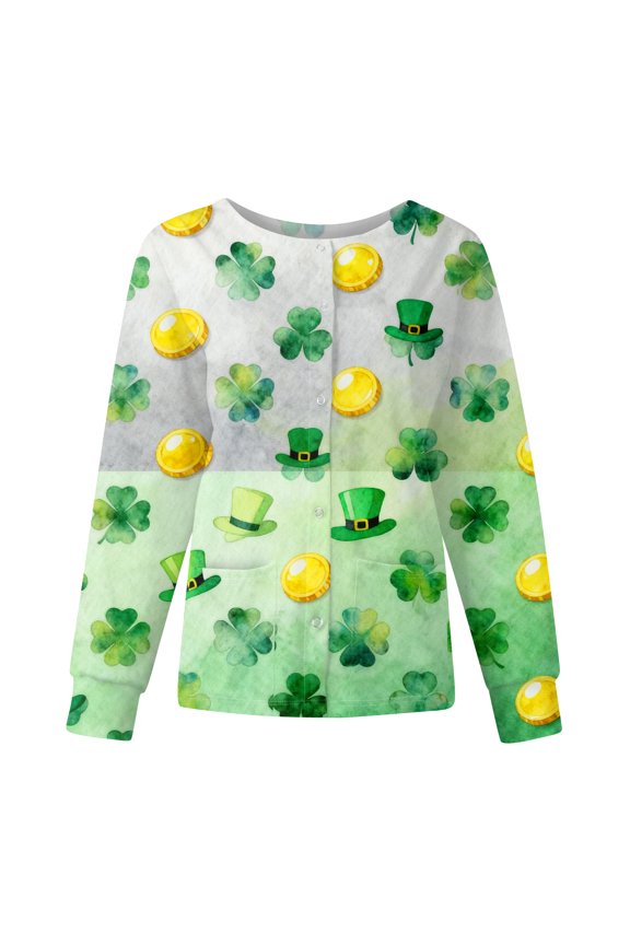 Women's St. Patrick's Day Printed Long Sleeve Stand Collar Work Top, Single Breasted Nursing Jacket, Casual Uniform,Light Green S